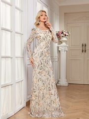 Cream Multi Floral Sequin Long Sleeve Mermaid Evening Gown