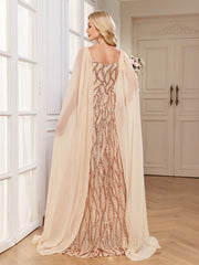 Champagne Gold Sequin Square Neck Cape Sleeve A Line Evening Gown