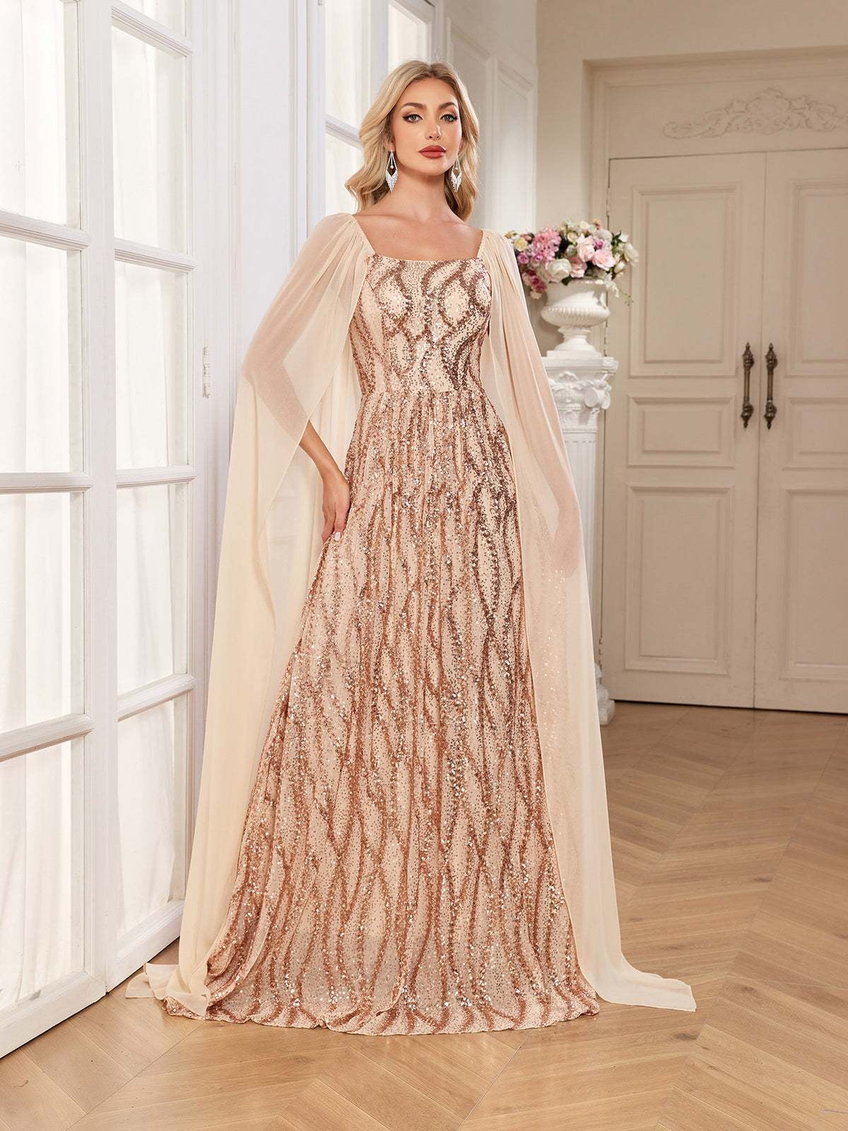 Champagne Gold Sequin Square Neck Cape Sleeve A Line Evening Gown