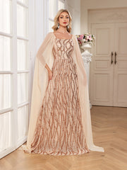 Champagne Gold Sequin Square Neck Cape Sleeve A Line Evening Gown