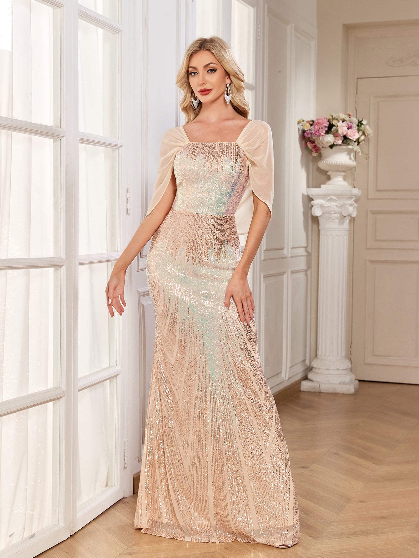 Champagne Ombre Sequin Cape Sleeve Mermaid Evening Gown