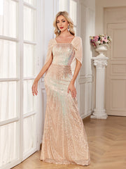 Champagne Ombre Sequin Cape Sleeve Mermaid Evening Gown