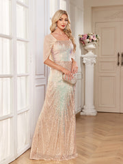 Champagne Ombre Sequin Cape Sleeve Mermaid Evening Gown