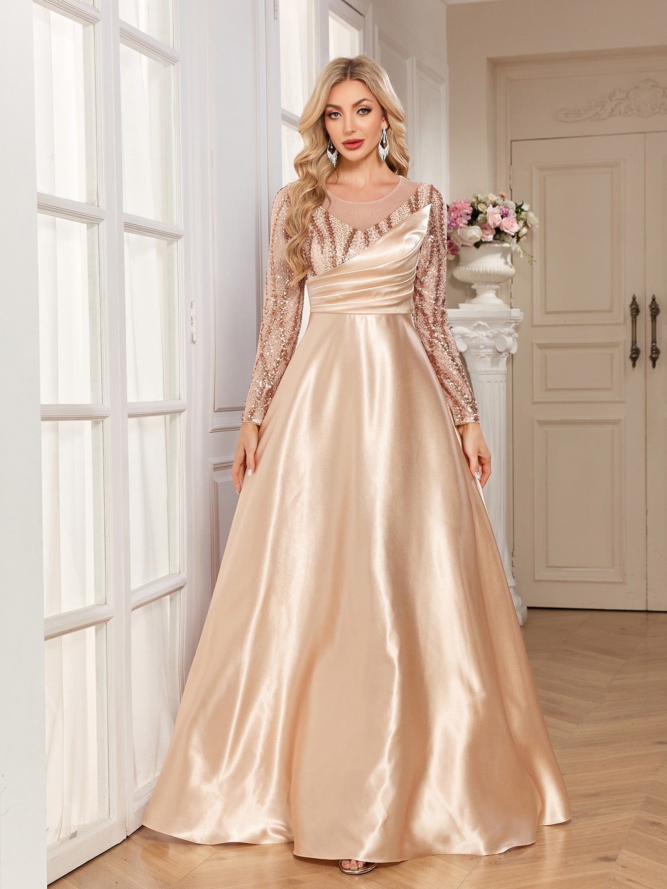 Champagne Gold Sequin Long Sleeve Wrap V Neck A-Line Satin Evening Gown