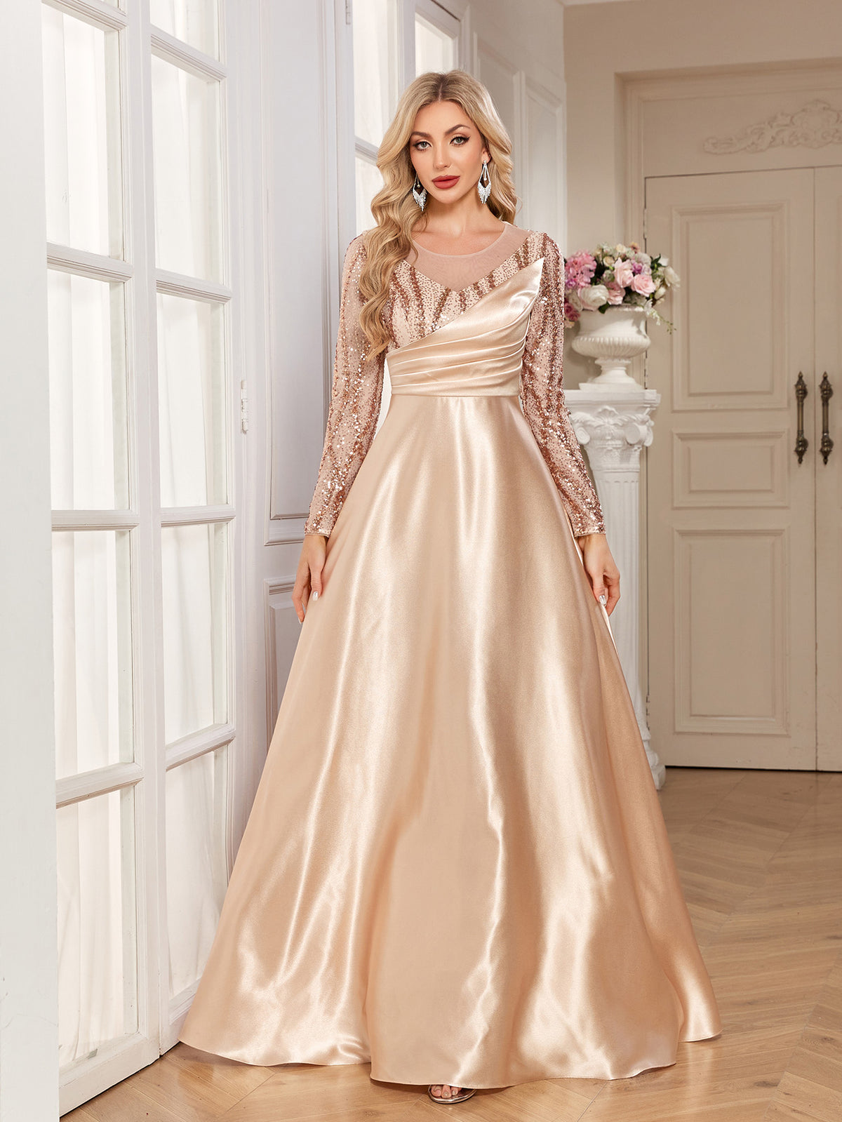 Champagne Gold Sequin Long Sleeve Wrap V Neck A-Line Satin Evening Gown