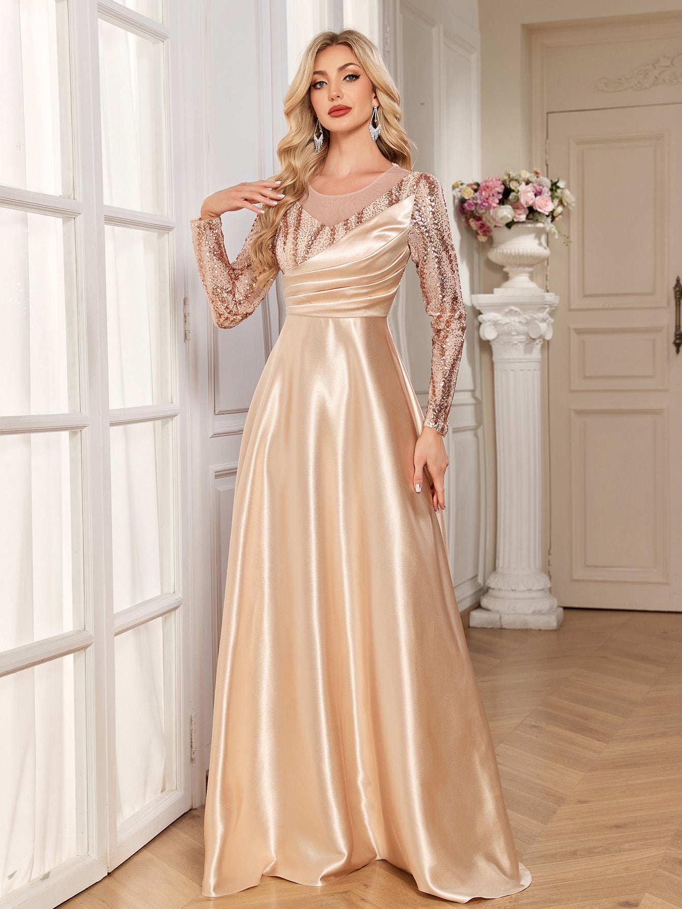 Champagne Gold Sequin Long Sleeve Wrap V Neck A-Line Satin Evening Gown