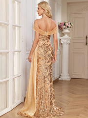 Champagne Gold Floral Sequin Off Shoulder Mermaid Evening Gown