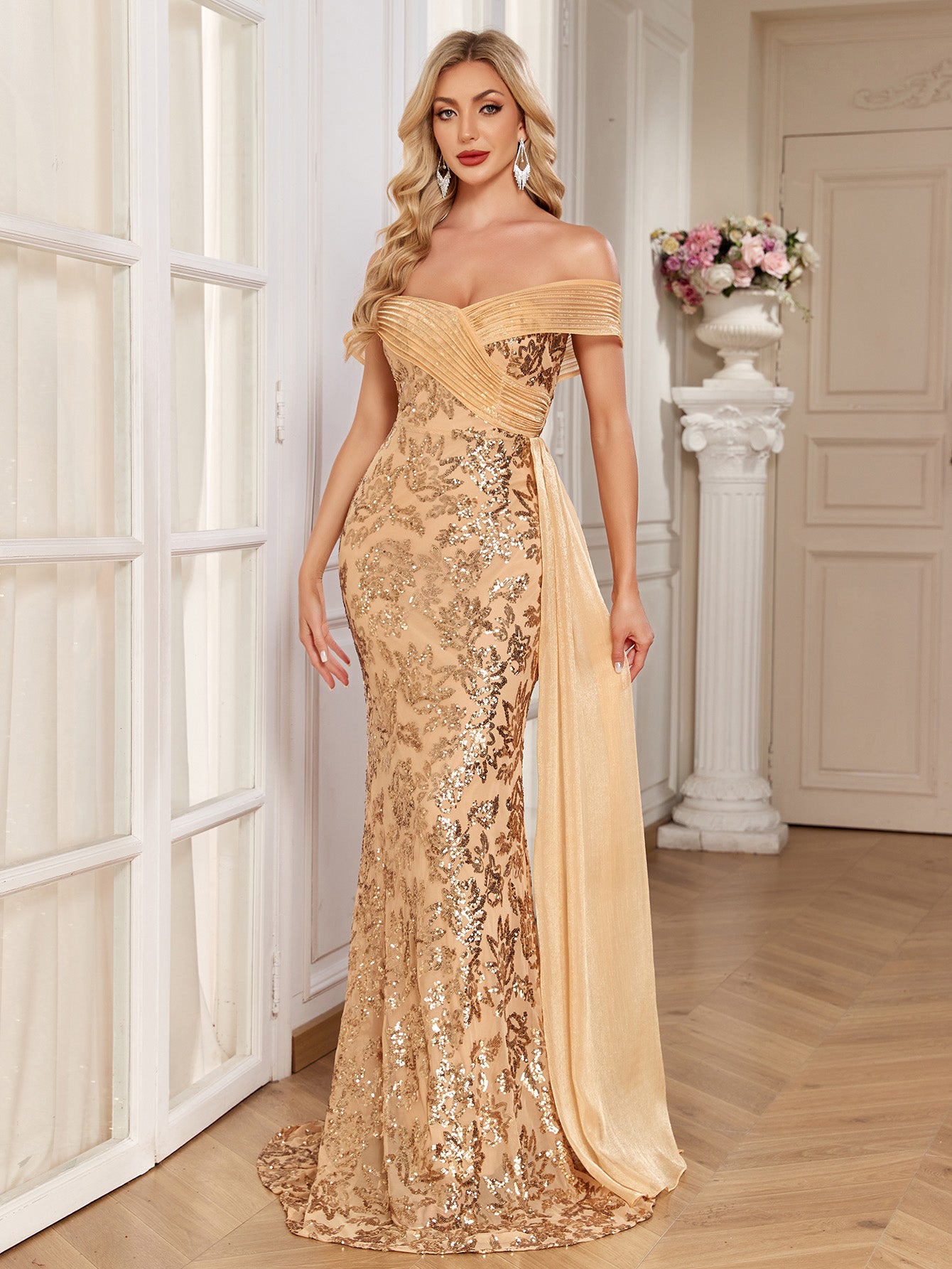 Champagne Gold Floral Sequin Off Shoulder Mermaid Evening Gown