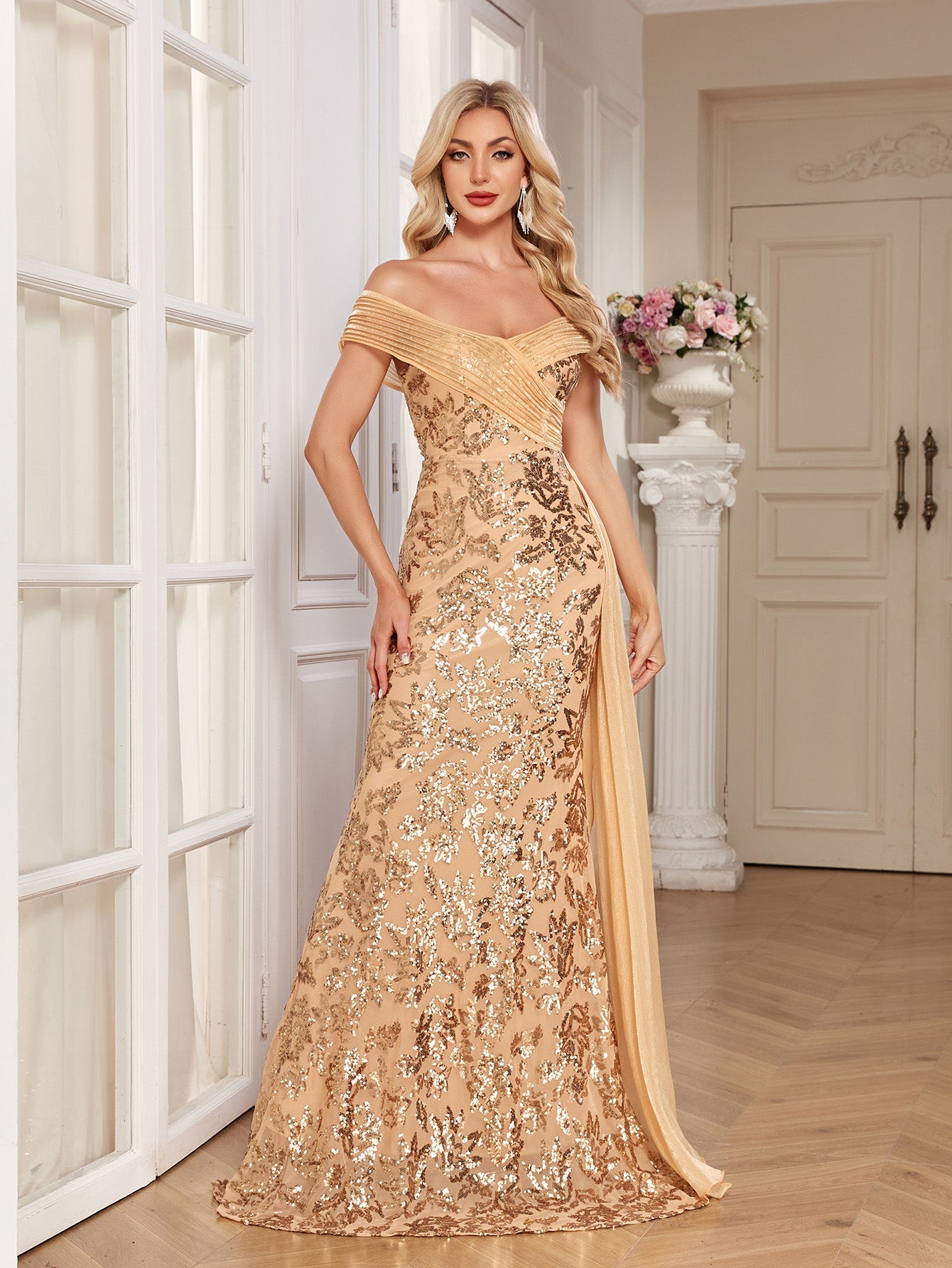 Champagne Gold Floral Sequin Off Shoulder Mermaid Evening Gown