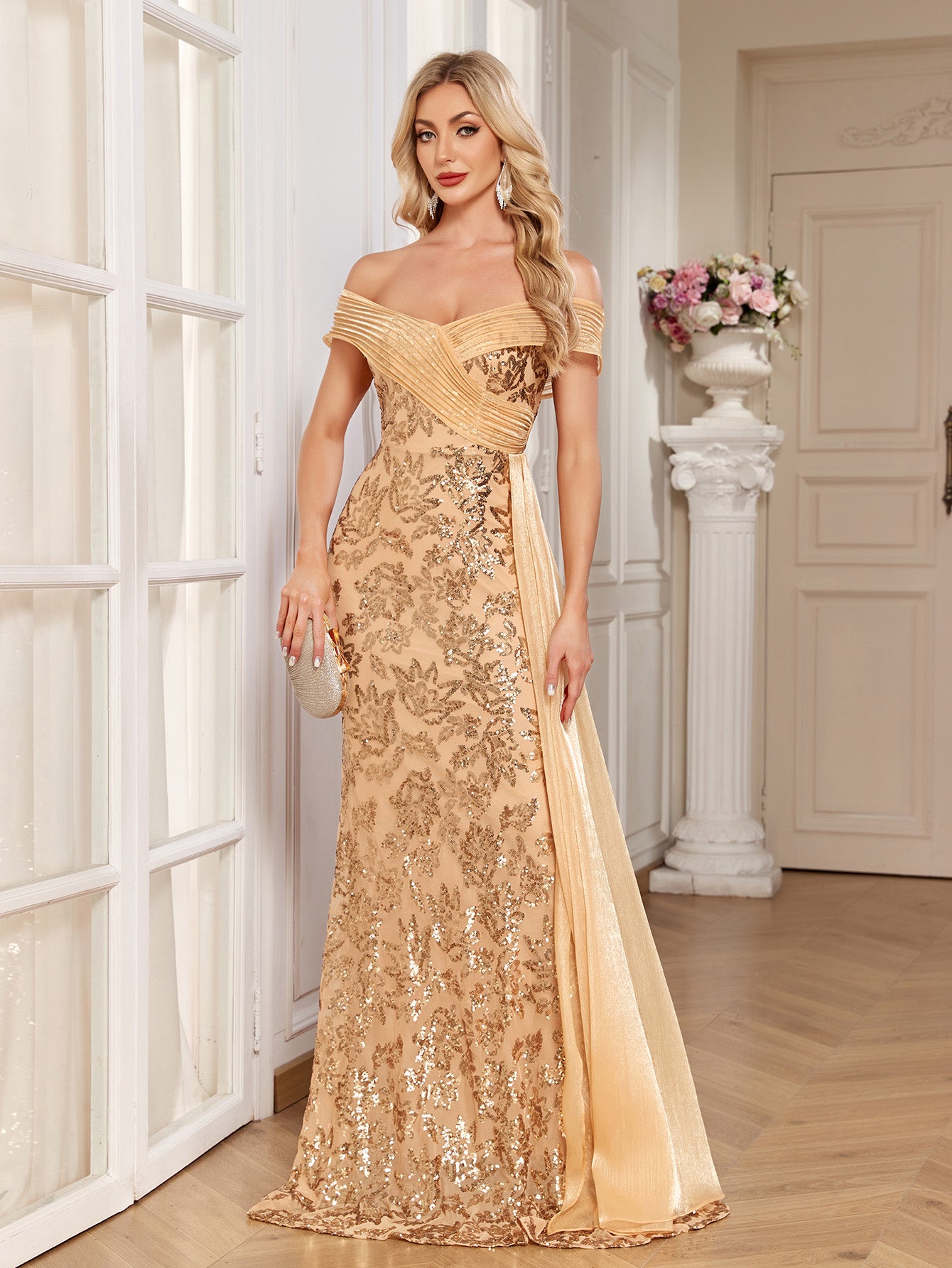 Champagne Gold Floral Sequin Off Shoulder Mermaid Evening Gown
