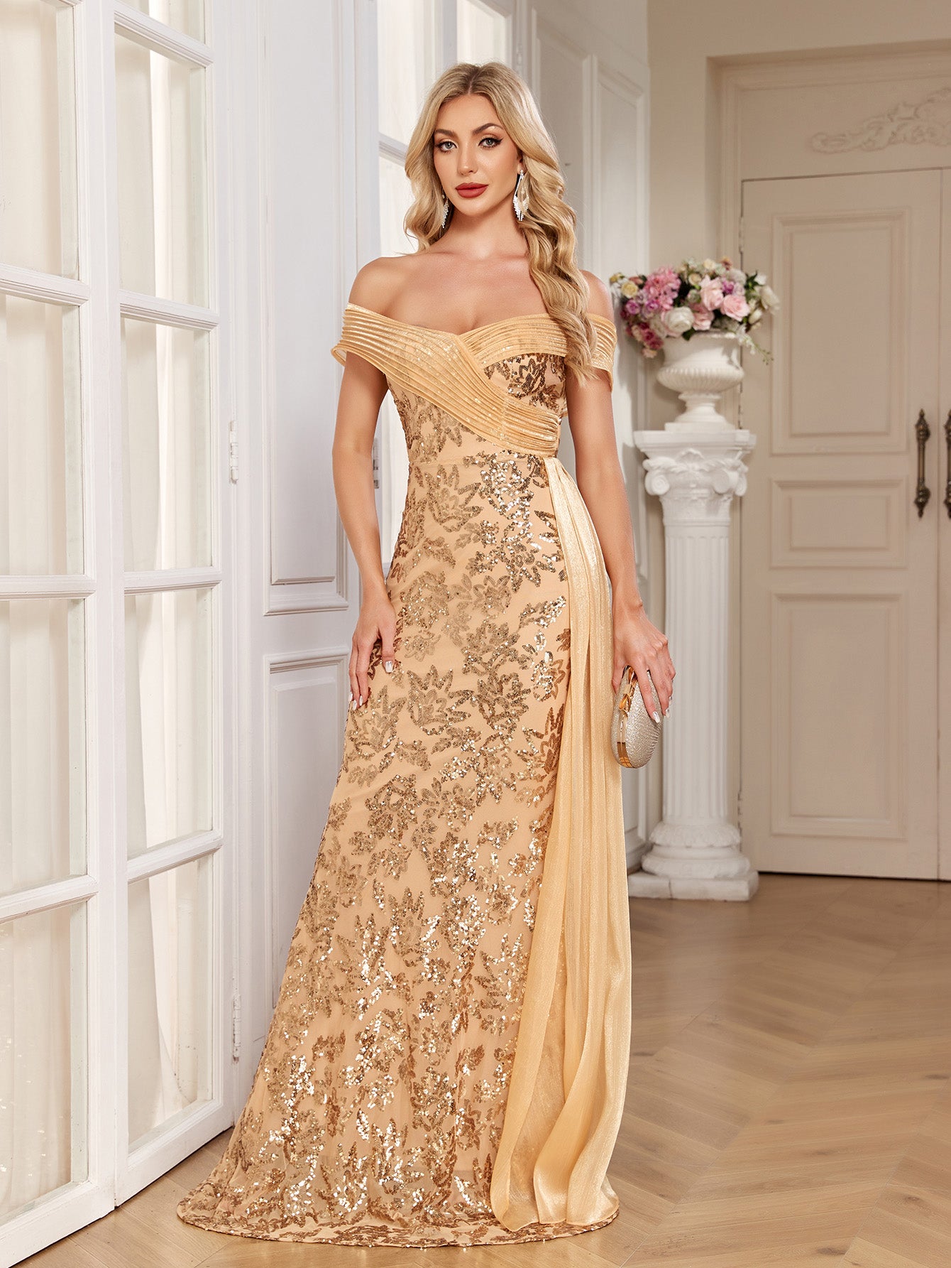 Champagne Gold Floral Sequin Off Shoulder Mermaid Evening Gown