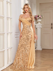 Champagne Gold Floral Sequin Off Shoulder Mermaid Evening Gown