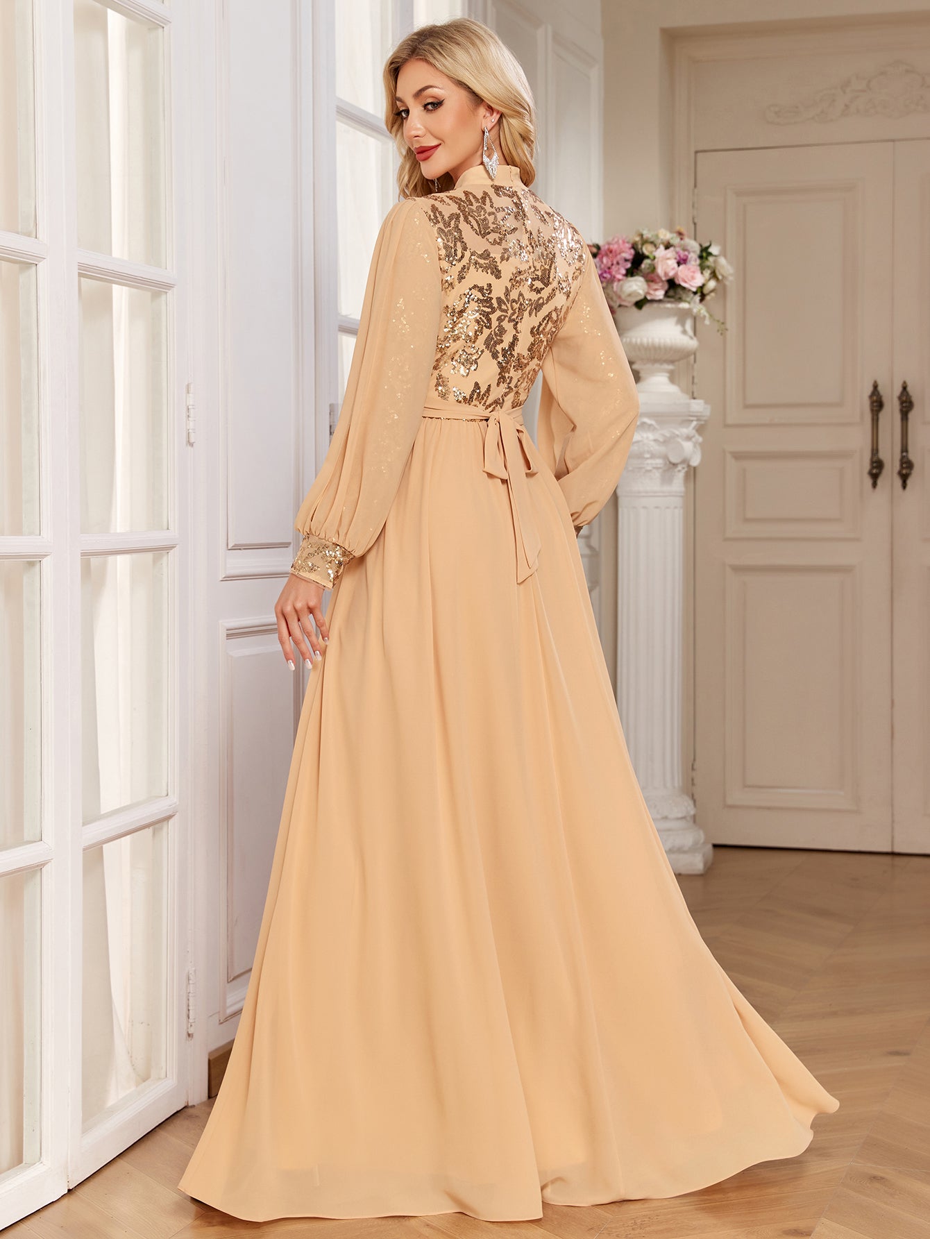 Champagne Lace Patch Lantern Sleeve A-Line Evening Gown