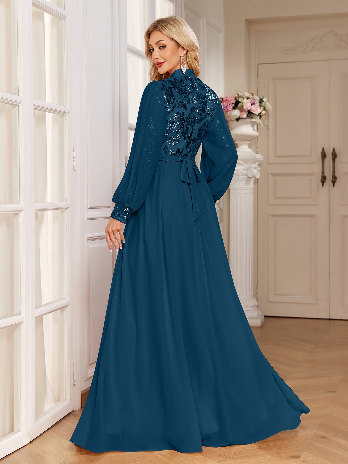 Champagne Lace Patch Lantern Sleeve A-Line Evening Gown