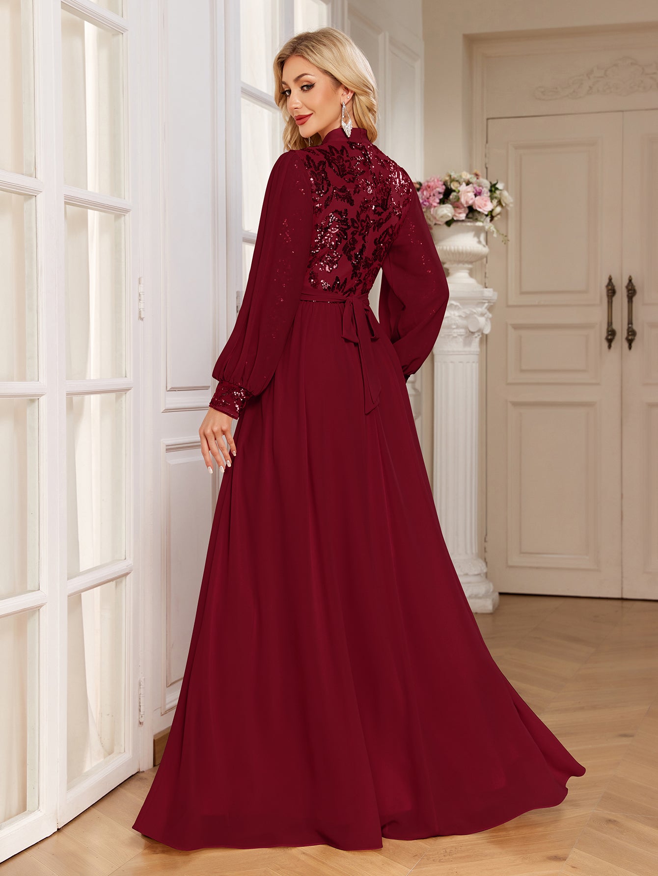 Champagne Lace Patch Lantern Sleeve A-Line Evening Gown