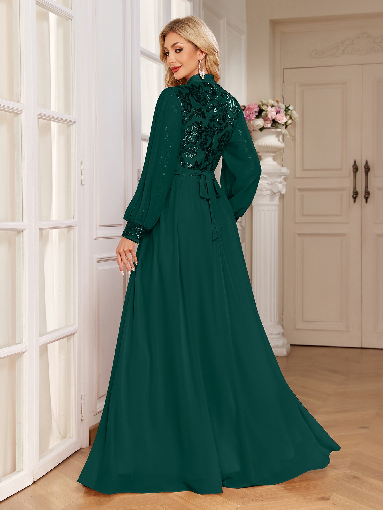 Champagne Lace Patch Lantern Sleeve A-Line Evening Gown