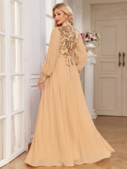 Champagne Lace Patch Lantern Sleeve A-Line Evening Gown