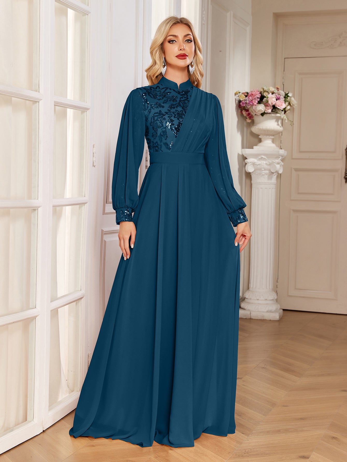 Champagne Lace Patch Lantern Sleeve A-Line Evening Gown
