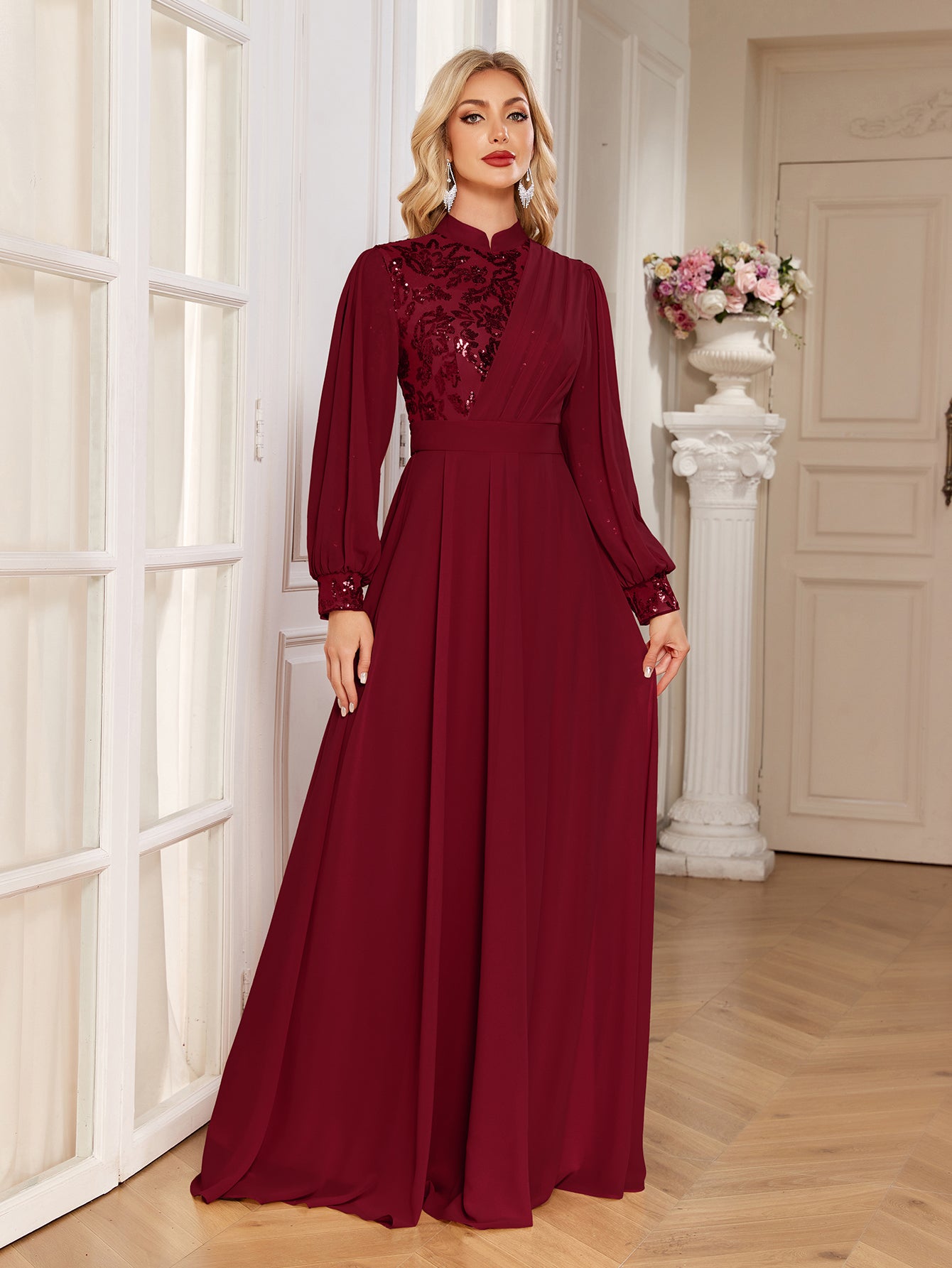 Champagne Lace Patch Lantern Sleeve A-Line Evening Gown