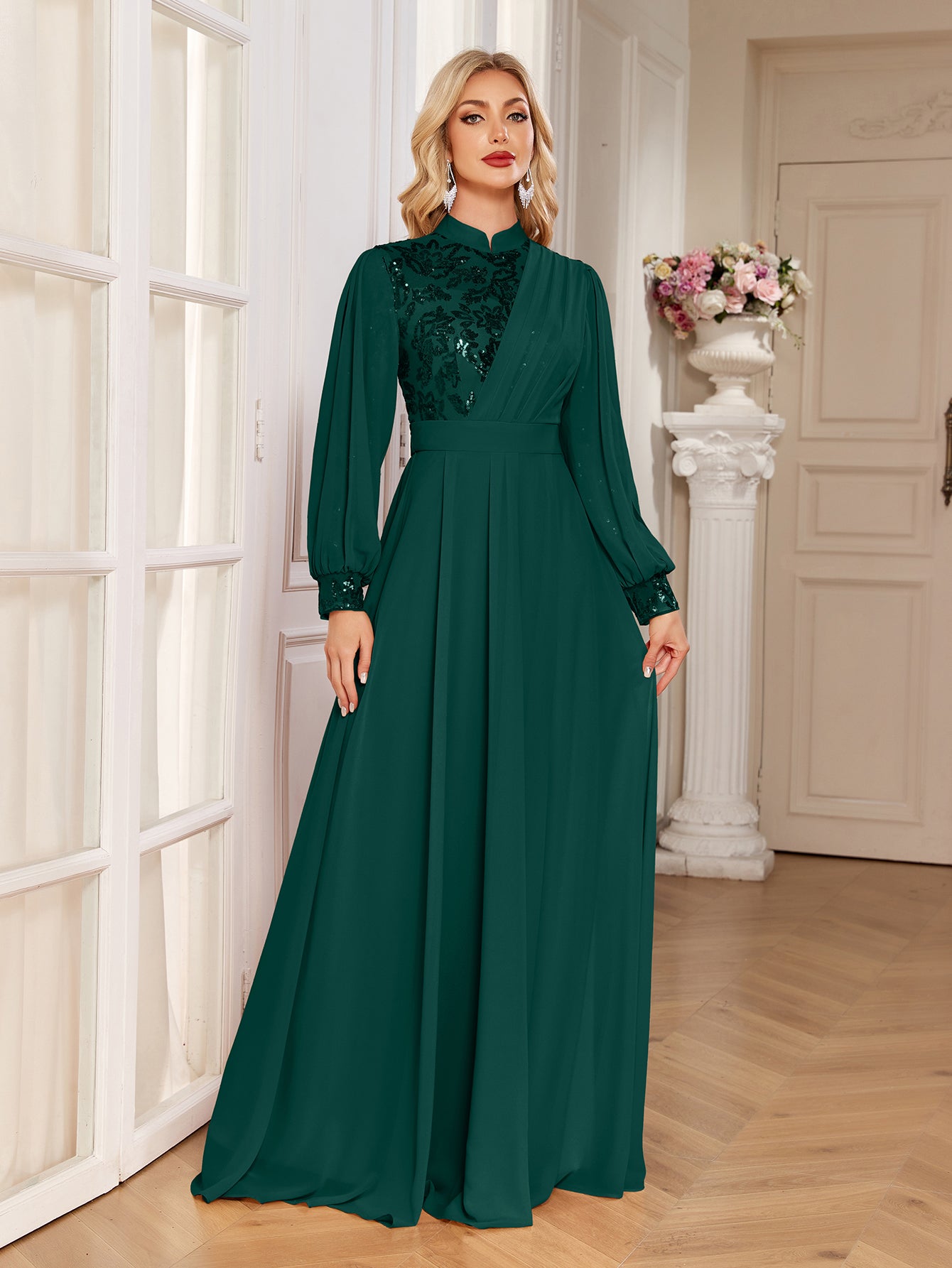 Champagne Lace Patch Lantern Sleeve A-Line Evening Gown