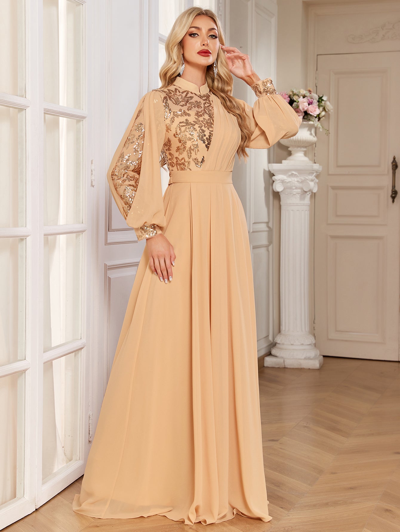Champagne Lace Patch Lantern Sleeve A-Line Evening Gown