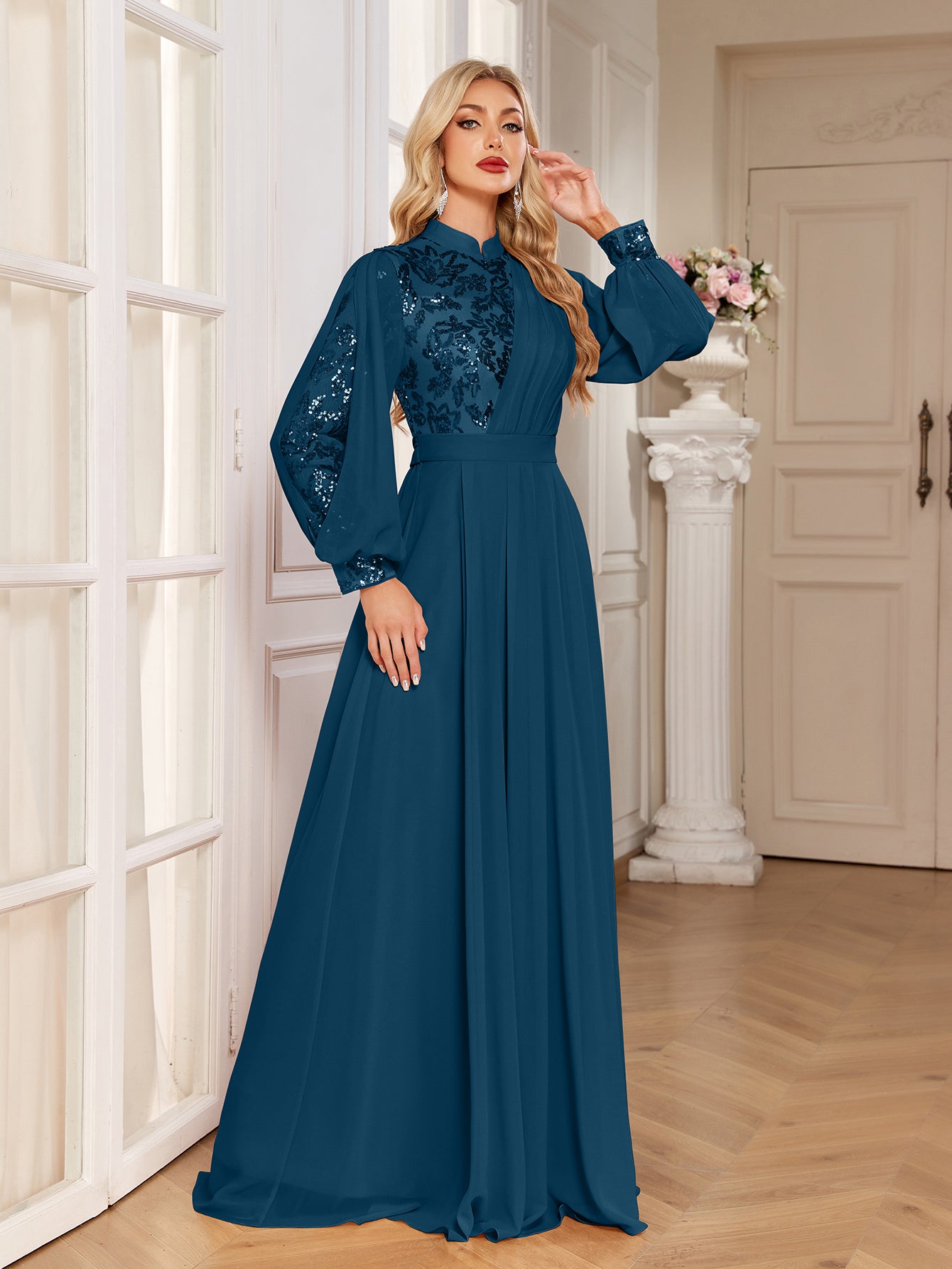 Champagne Lace Patch Lantern Sleeve A-Line Evening Gown