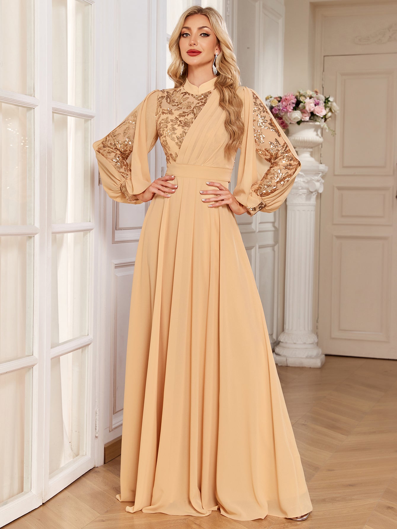 Champagne Lace Patch Lantern Sleeve A-Line Evening Gown