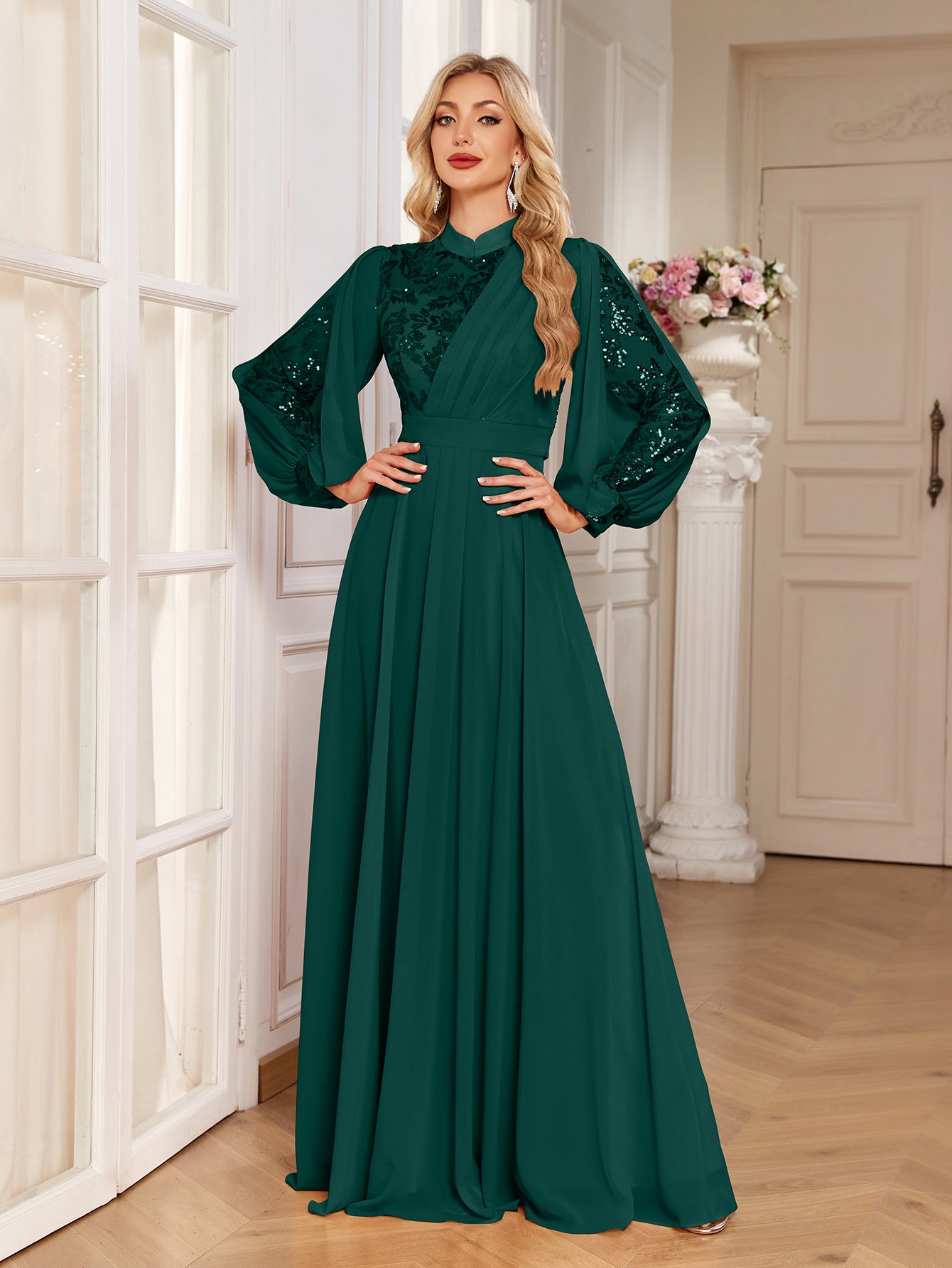 Champagne Lace Patch Lantern Sleeve A-Line Evening Gown