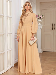 Champagne Lace Patch Lantern Sleeve A-Line Evening Gown