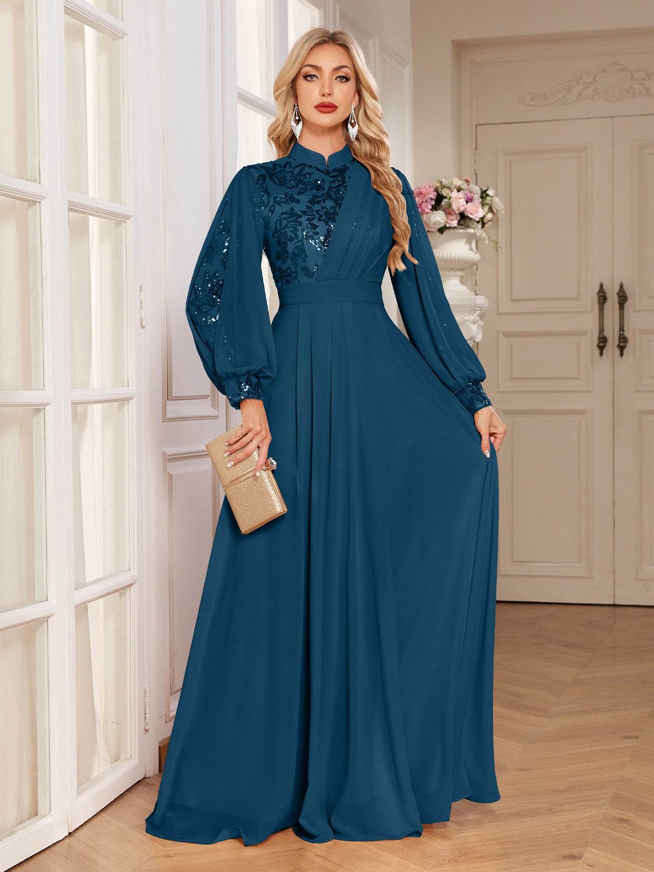 Champagne Lace Patch Lantern Sleeve A-Line Evening Gown
