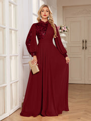 Champagne Lace Patch Lantern Sleeve A-Line Evening Gown