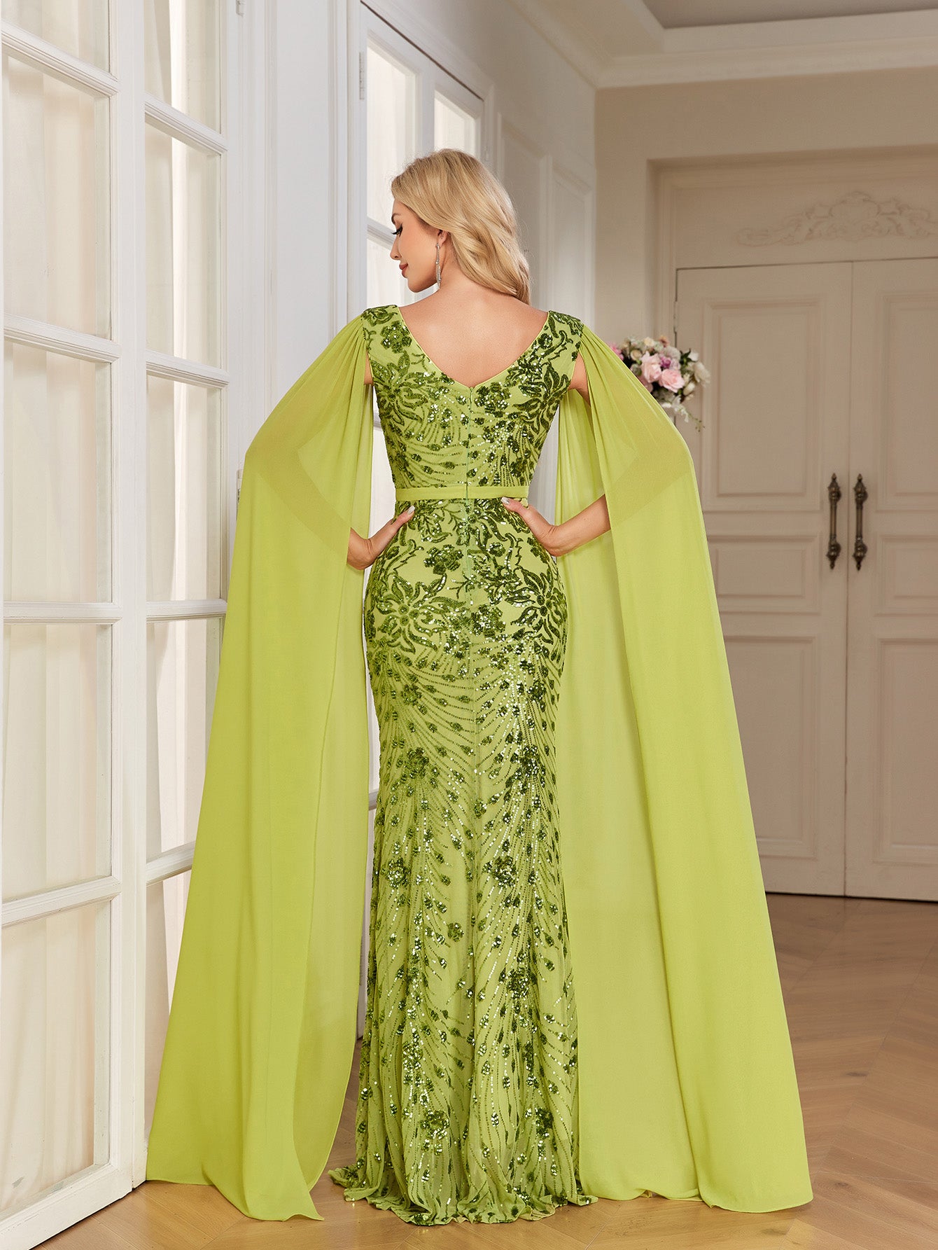 Lime Green Sequin Deep V Cape Sleeve Mermaid Evening Gown