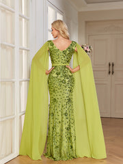 Lime Green Sequin Deep V Cape Sleeve Mermaid Evening Gown