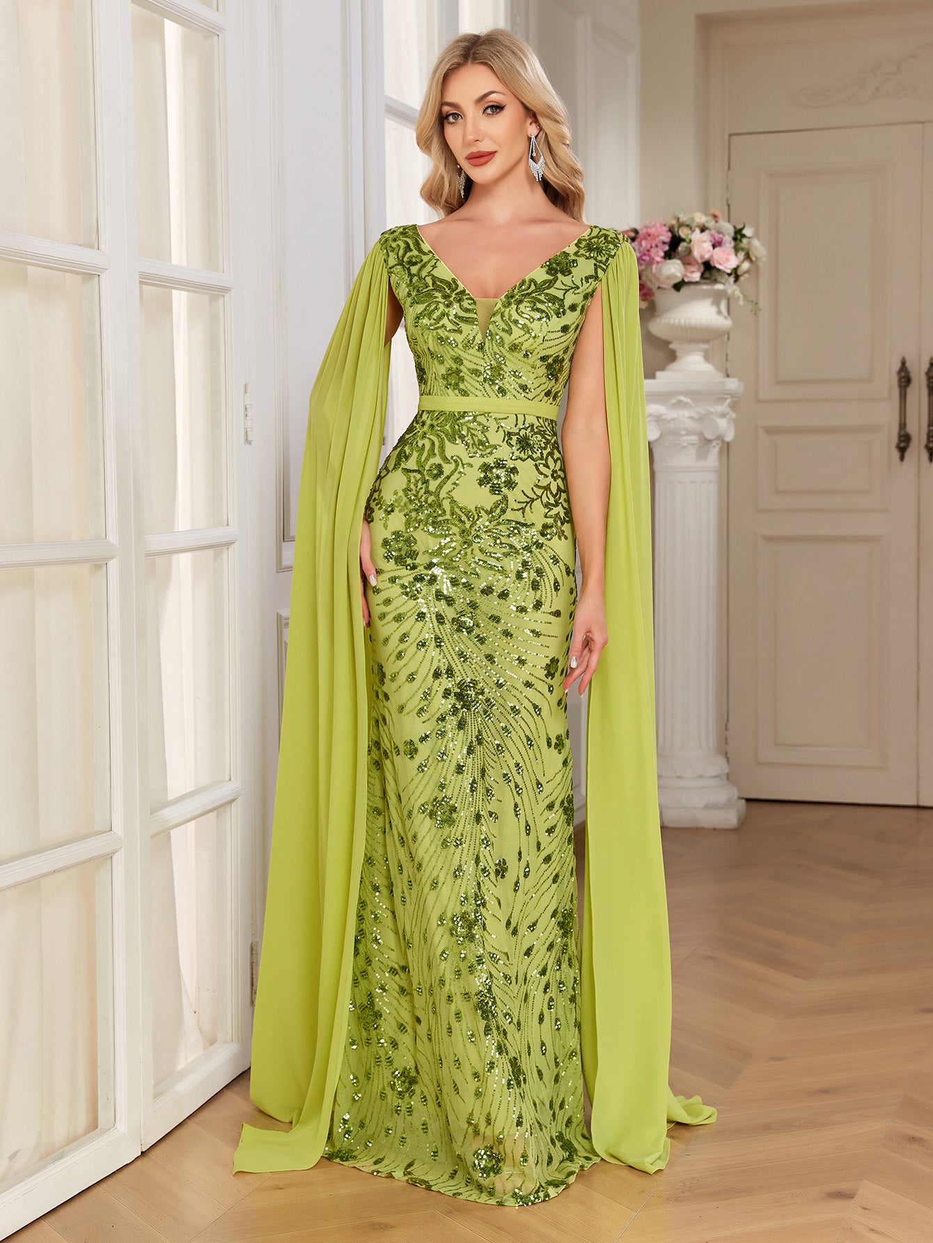 Lime Green Sequin Deep V Cape Sleeve Mermaid Evening Gown