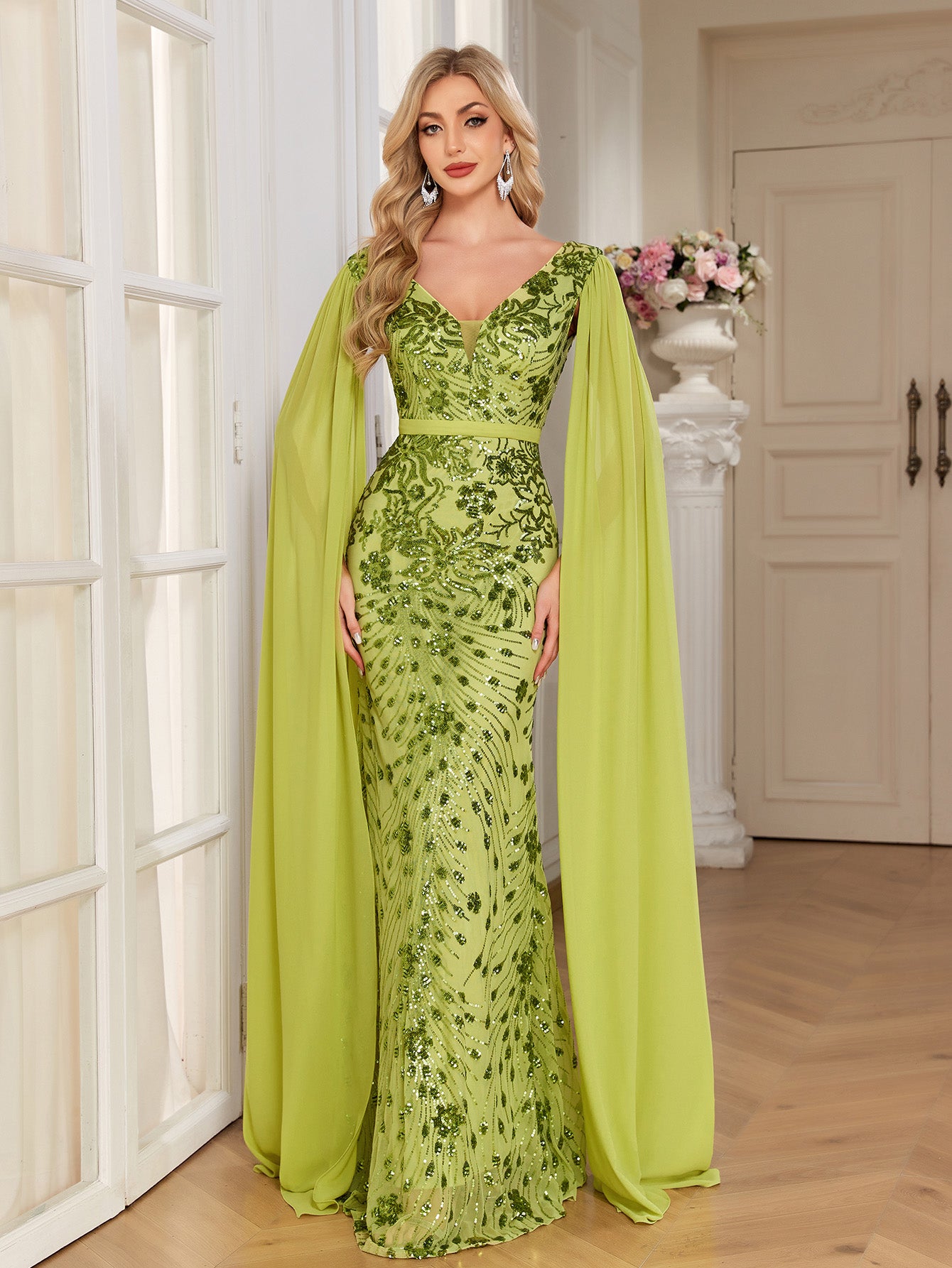 Lime Green Sequin Deep V Cape Sleeve Mermaid Evening Gown