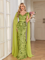 Lime Green Sequin Deep V Cape Sleeve Mermaid Evening Gown