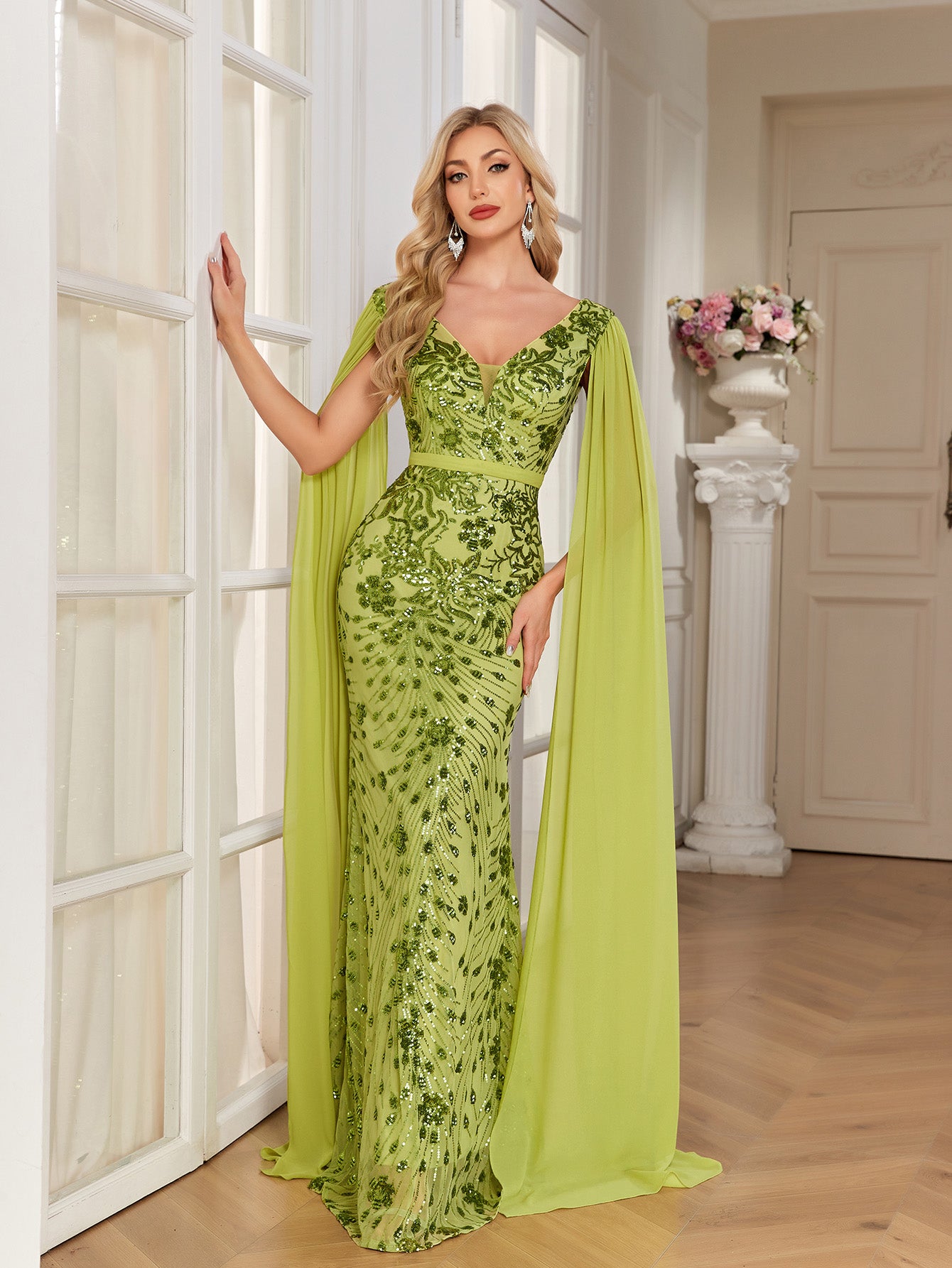 Lime Green Sequin Deep V Cape Sleeve Mermaid Evening Gown