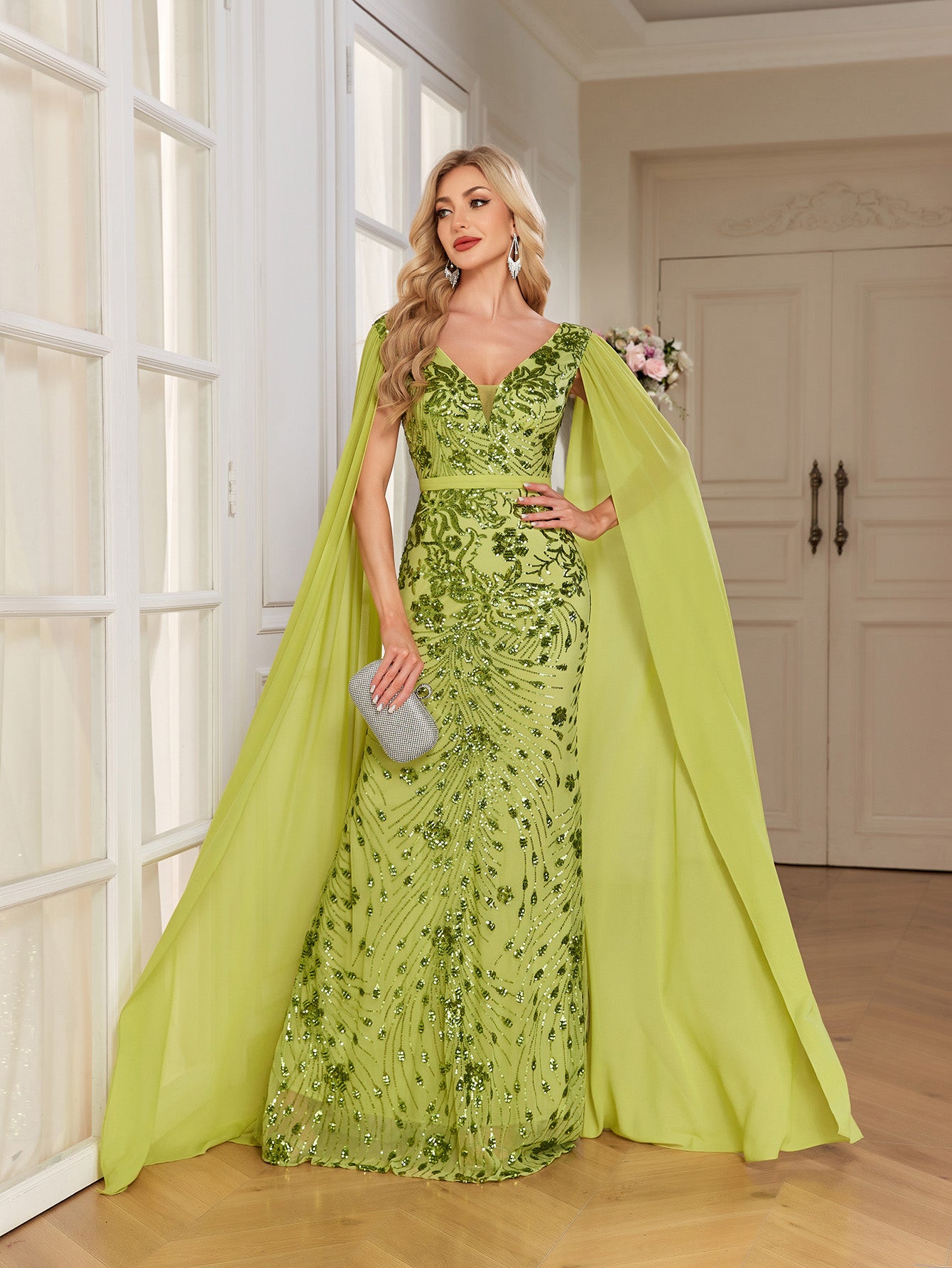 Lime Green Sequin Deep V Cape Sleeve Mermaid Evening Gown