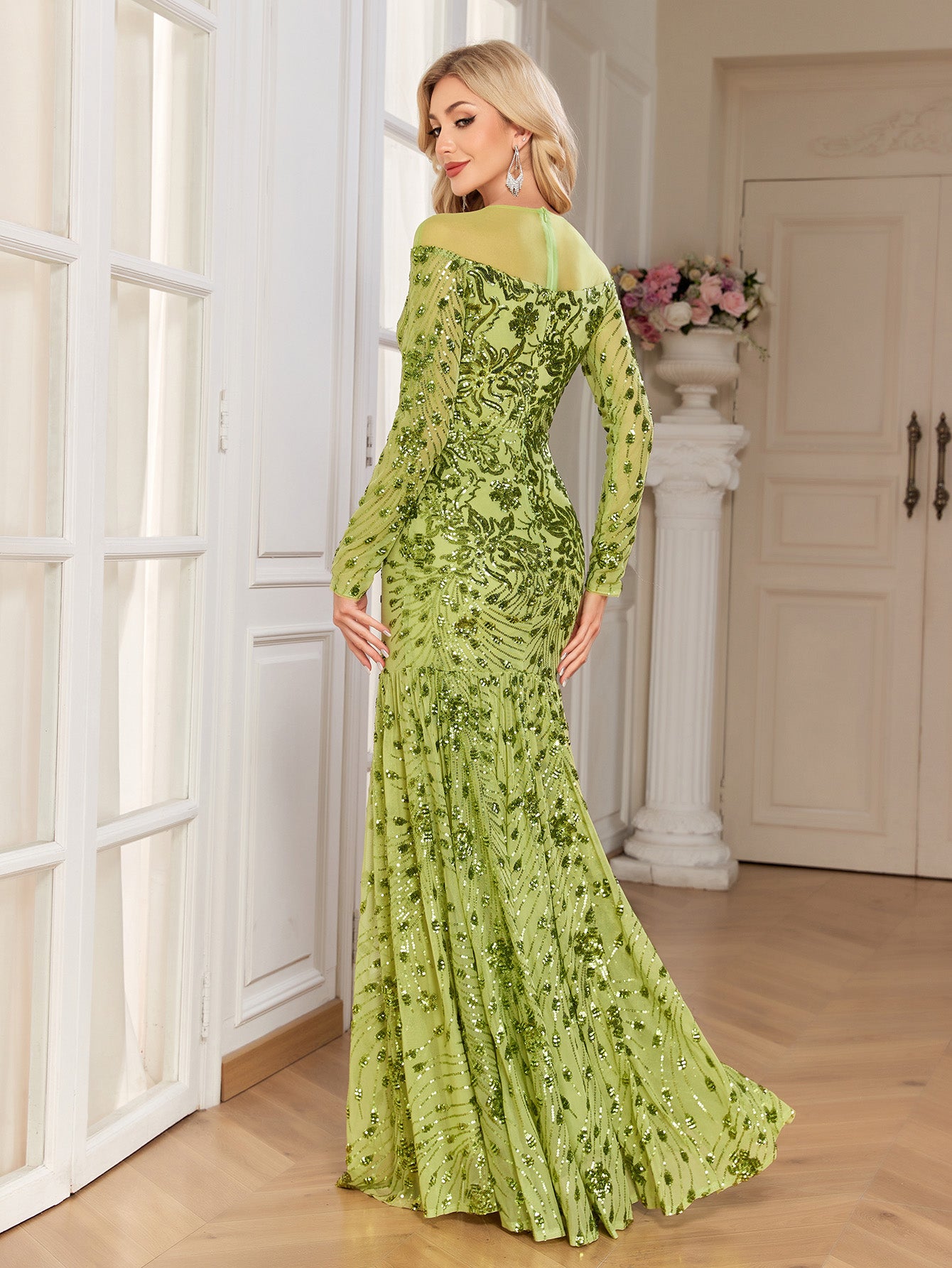 Lime Green Sequin Floral Long Sleeve Mermaid Evening Gown