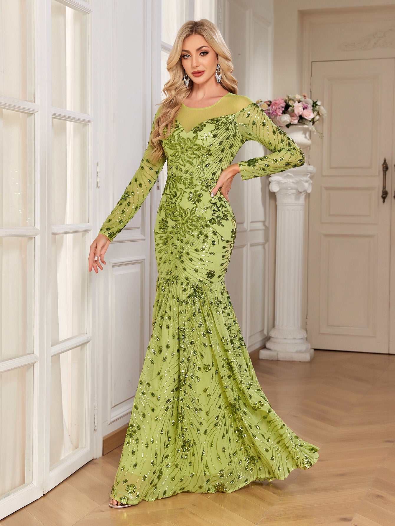 Lime Green Sequin Floral Long Sleeve Mermaid Evening Gown