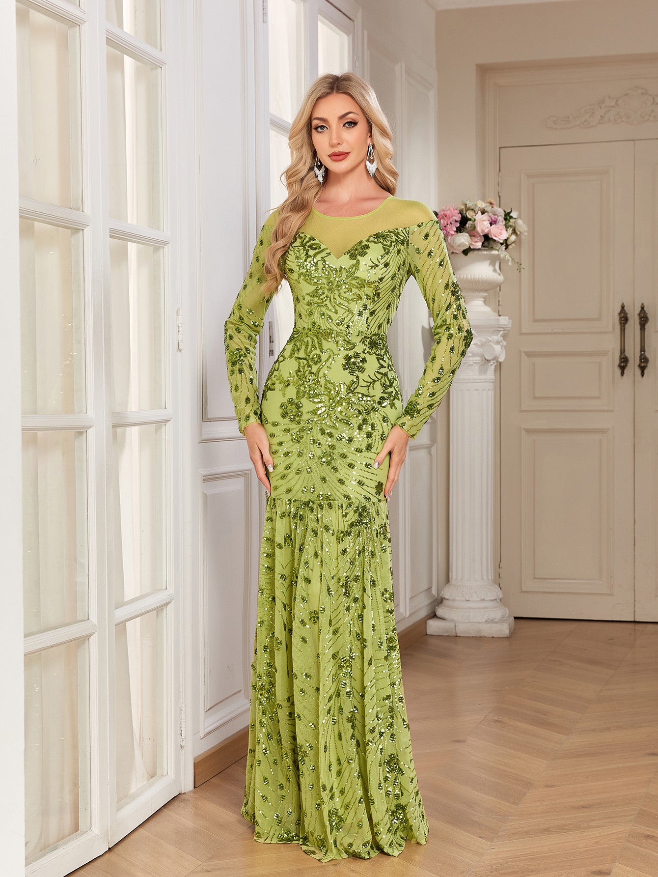 Lime Green Sequin Floral Long Sleeve Mermaid Evening Gown