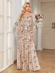Lime Green Sequin Floral Long Sleeve Mermaid Evening Gown