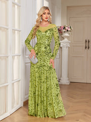 Lime Green Sequin Floral Long Sleeve Mermaid Evening Gown