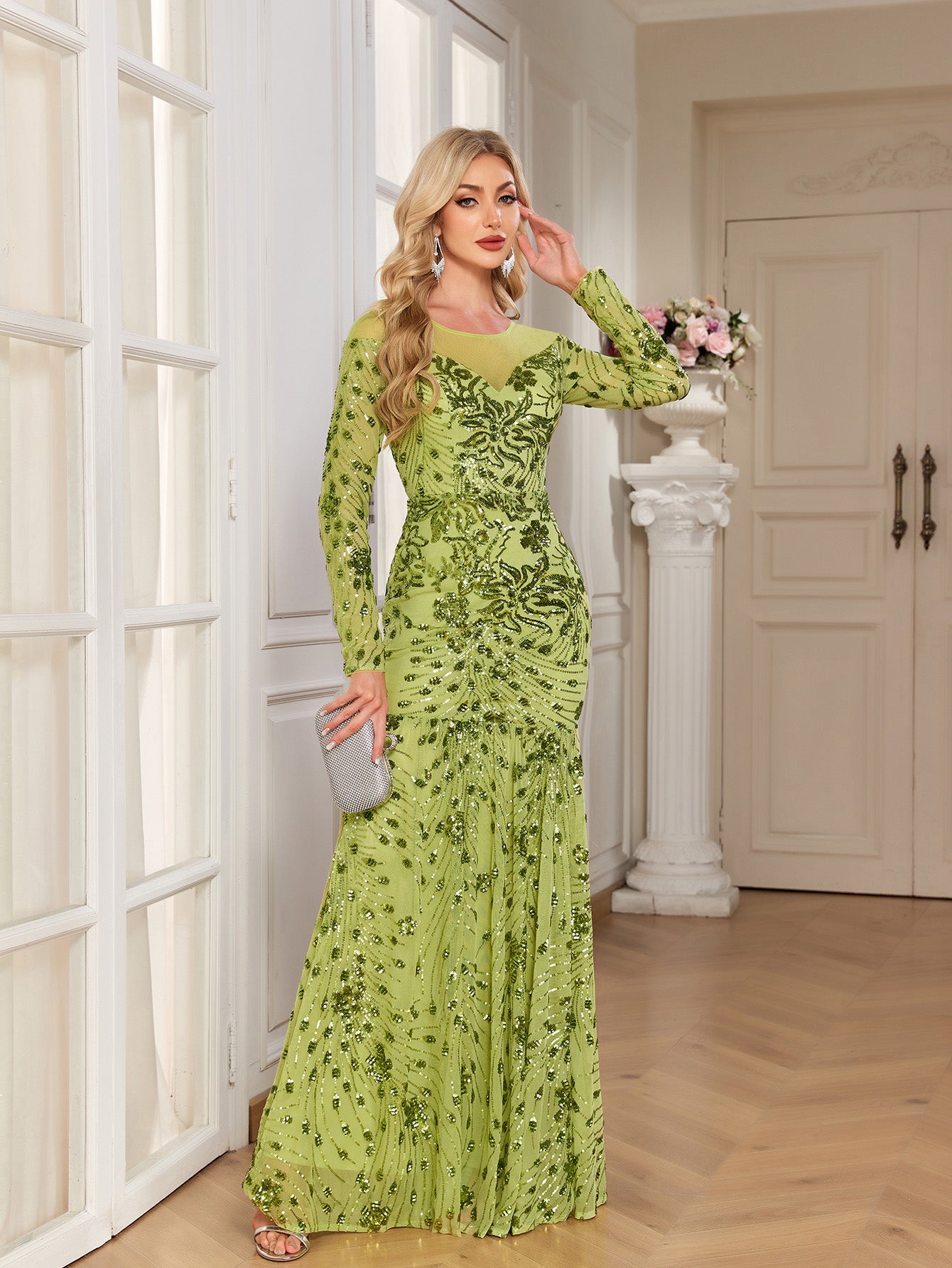 Lime Green Sequin Floral Long Sleeve Mermaid Evening Gown