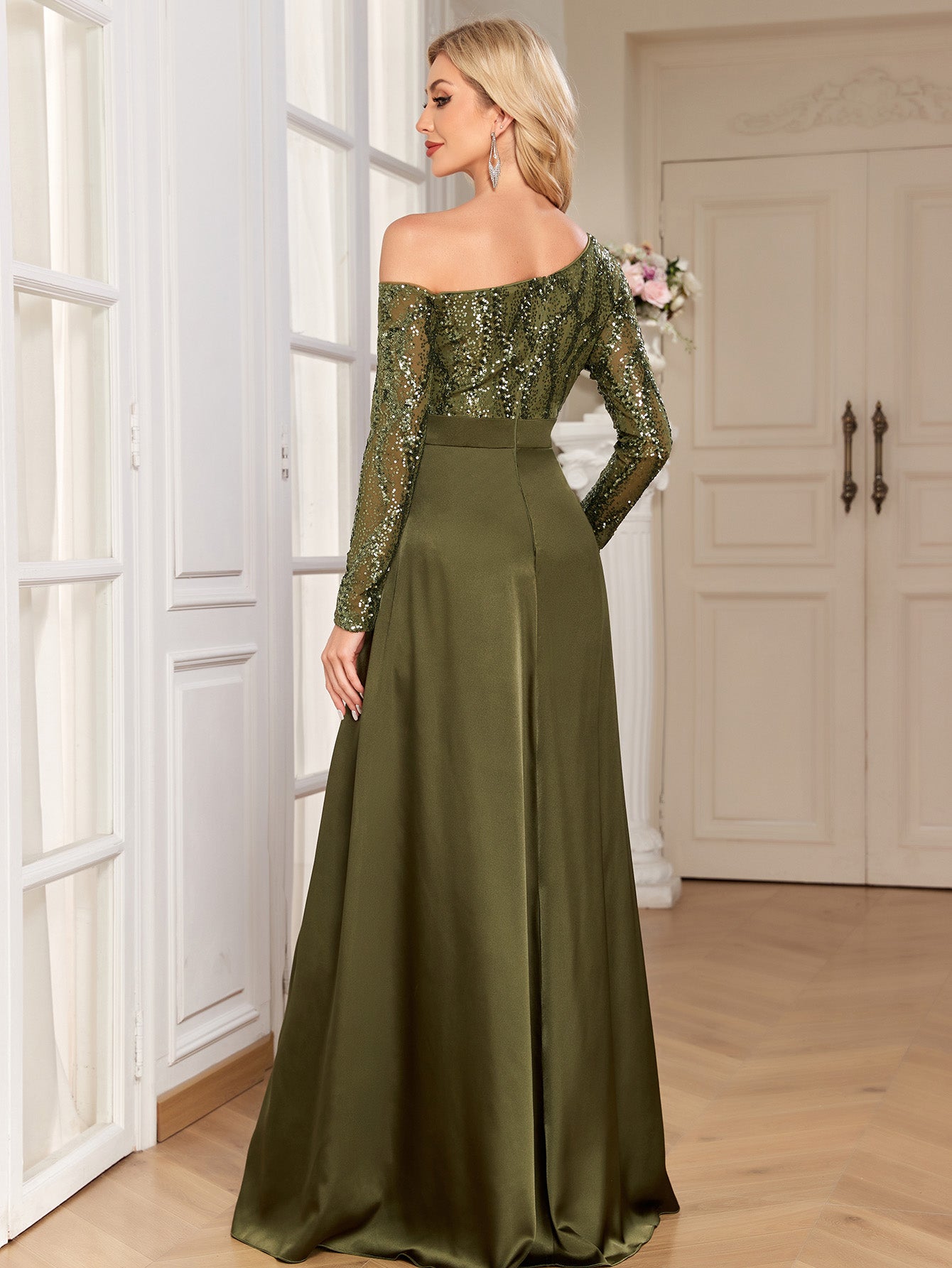 Olive Green Sequin Satin Mermaid Evening Gown