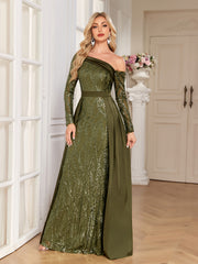 Olive Green Sequin Satin Mermaid Evening Gown