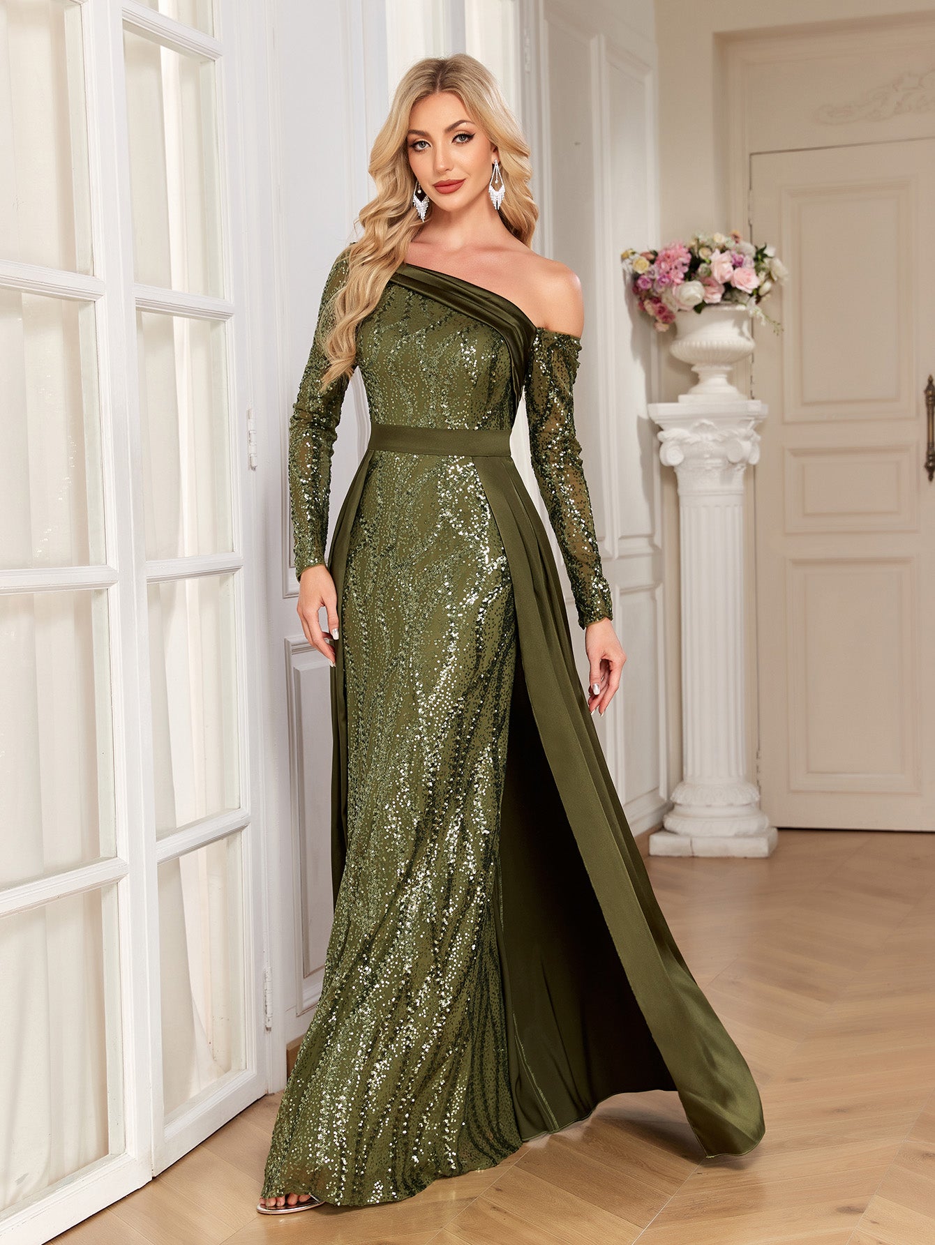 Olive Green Sequin Satin Mermaid Evening Gown