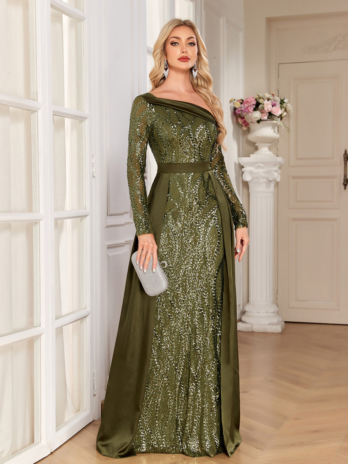 Olive Green Sequin Satin Mermaid Evening Gown