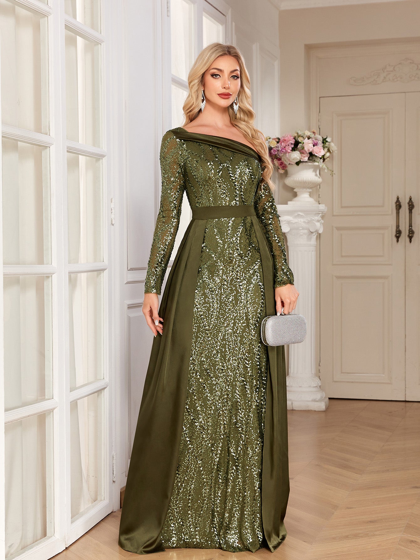 Olive Green Sequin Satin Mermaid Evening Gown