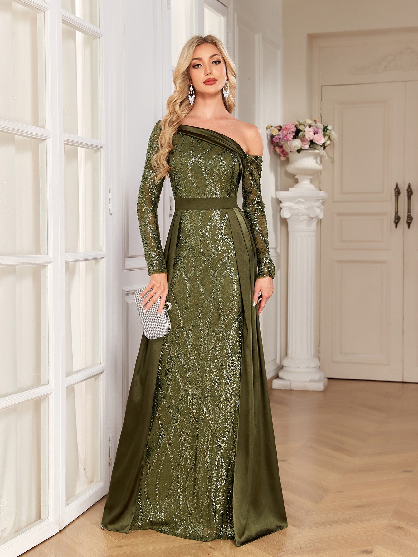 Olive Green Sequin Satin Mermaid Evening Gown